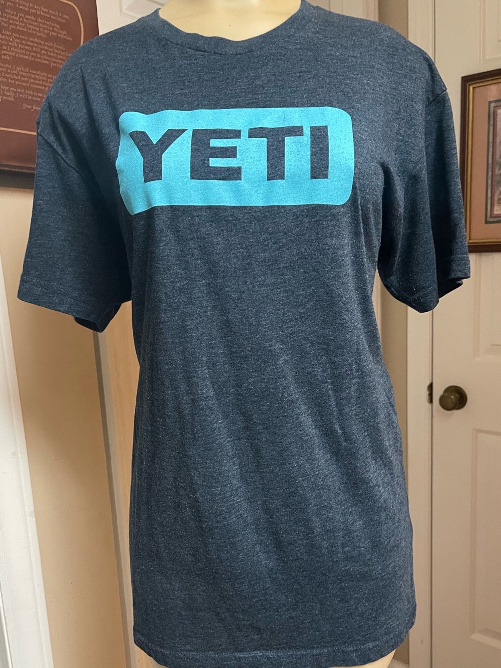 Yeti Dark Heather Blue Short Sleeve Tee with Light Blue Logo